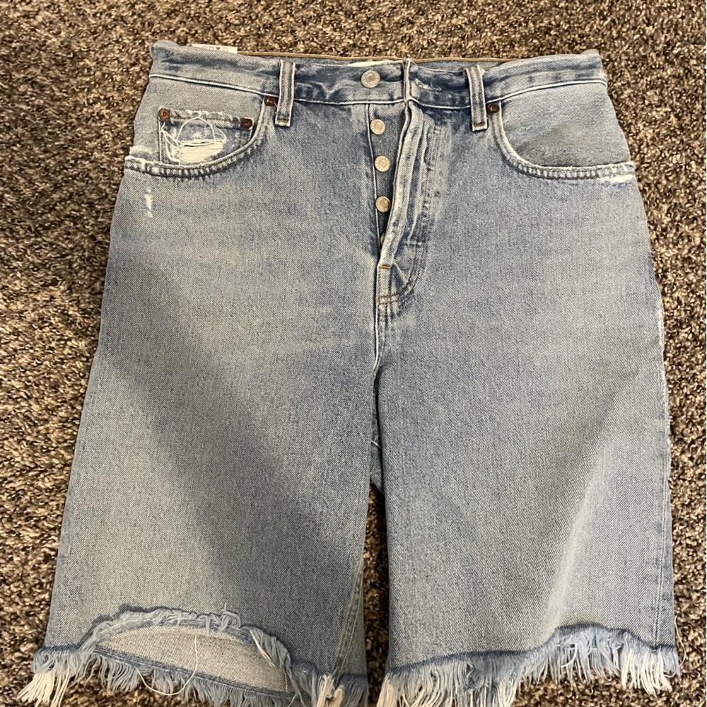 Agolde Blue Bermuda Denim Shorts with Frayed Hem